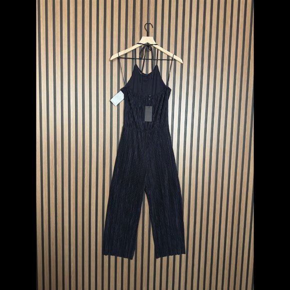 New 19 Cooper Jumpsuit Small Womens Blue Cropped Pleated Wide Leg Halter Neck - Picture 2 of 10